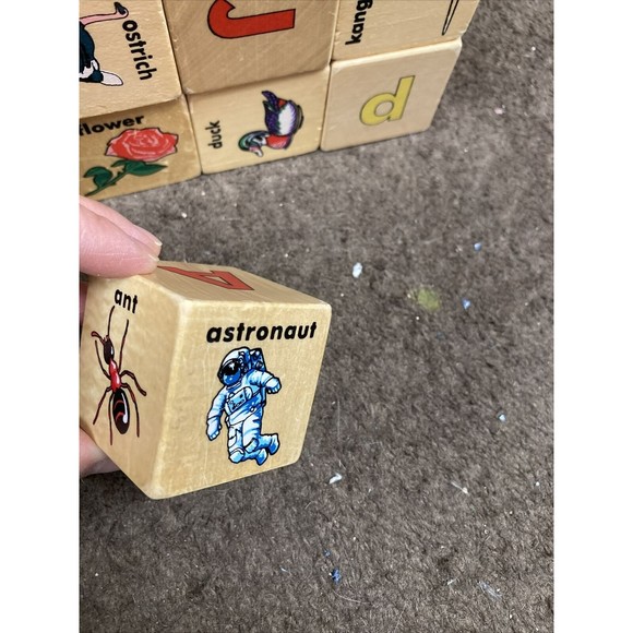 Lot 25 Wooden Toy Blocks Vintage Alphabet Letters Animals Object Wood Cube - Picture 5 of 11